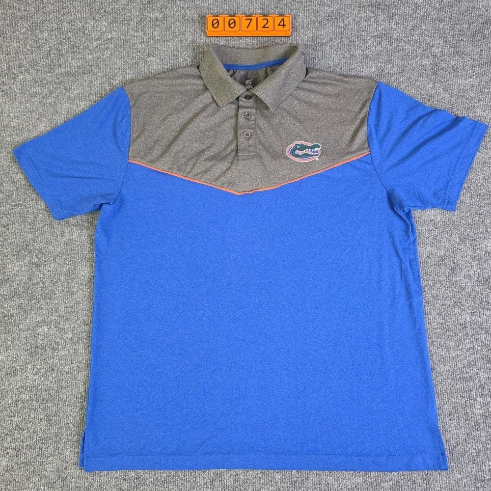 Colosseum Florida Gators blue and gray  polo shirt with orange trim, size L